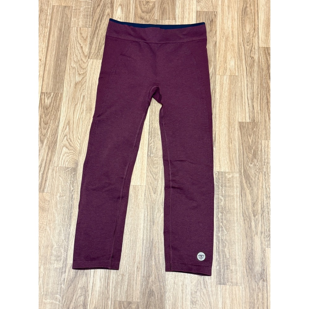 Tory Sport Women Seamless Leggings Burgundy Maroon Navy Trim Small